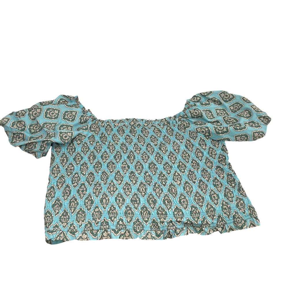 Maurices Smocked Peasant Top Womens Plus Size 3X Boho Teal Print Puff Sleeves